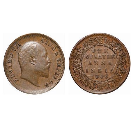 Edward VII, Bronze, Quarter Anna, 1906, 4.90gm, Calcutta Mint, No mint mark, Full Skull Gh