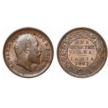 Edward VII, Bronze, Quarter Anna, 1907, Calcutta Mint, No mint mark, Ghost on Obv and Rev,