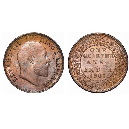 Edward VII, Bronze, Quarter Anna, 1907, Calcutta Mint, No mint mark. GK 999. Uncirculated,