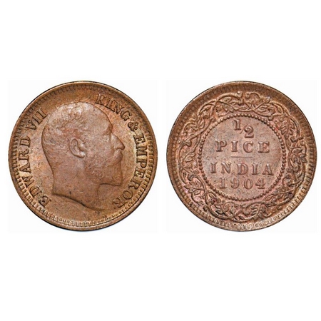 Edward VII, Copper, ½ Pice, 1904, Calcutta Mint, No dot. GK 1004. Uncirculated. Very Scarc