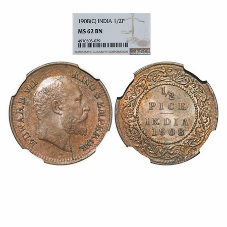 Edward VII, Bronze, ½ Pice, 1908, Calcutta Mint, No mint mark. GK 1009. NGC Slabbed MS 62 