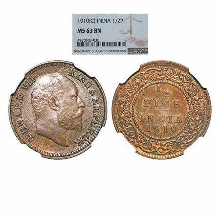 Edward VII, Bronze, ½ Pice, 1910, Calcutta Mint, No mint mark. GK 1011. NGC Slabbed MS 63 