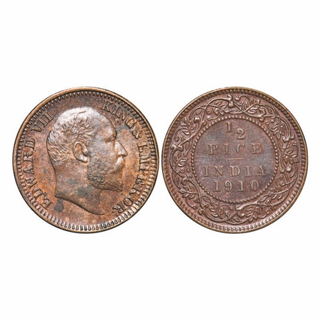 Edward VII, Bronze, ½ Pice, 1910, Calcutta Mint, No mint mark, Multiple die cracks on Obv,