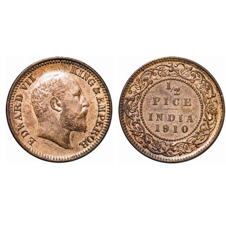 Edward VII, Bronze, ½ Pice, 1910, Calcutta Mint, No mint mark. GK 1011. About Uncirculated