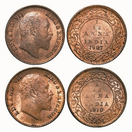 Edward VII, Bronze, 1/12 Anna, (2 coins), Calcutta Mint, No mint mark, 1) 1907, Die cracks