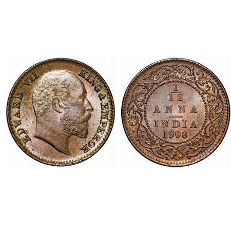 Edward VII, Bronze, 1/12 Anna, 1908, Calcutta Mint, No mint mark, Die crack on Obv. GK 101