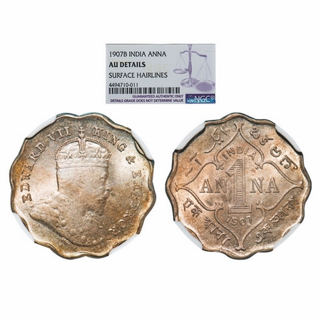 Edward VII, Copper-Nickel, 1 Anna, 1907, Bombay Mint, 'B' incused. GK 990. NGC Slabbed AU 