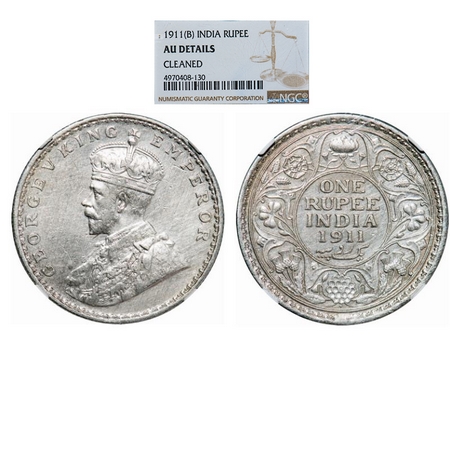 George V, Silver, Rupee, 1911, Bombay Mint, Dot, Pig-Type. GK 1022. NGC Slabbed AU Details