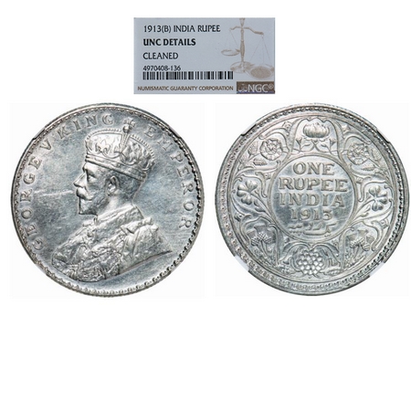 George V, Silver, Rupee, 1913, Bombay Mint, Dot. GK 1028. NGC Slabbed UNC Details, Cleaned