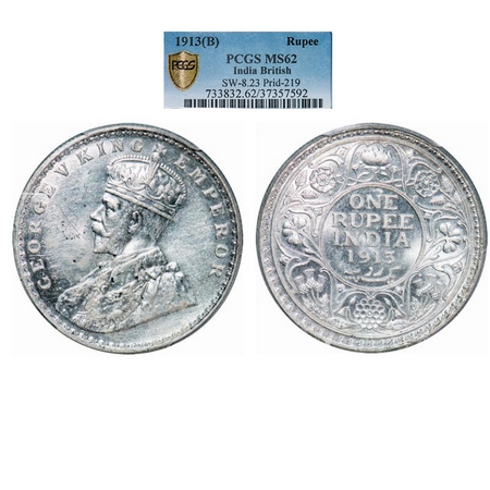George V, Silver, Rupee, 1913, Bombay Mint, Dot. GK 1028. PCGS Slabbed MS 62. Very Scarce.