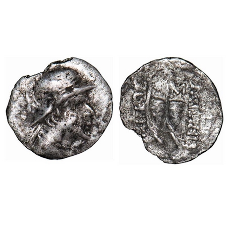 Indo-Greek, Eucratides, Silver Obol, 0.47g, 10.92x10.92mm, Obv: Diademed bust of king faci