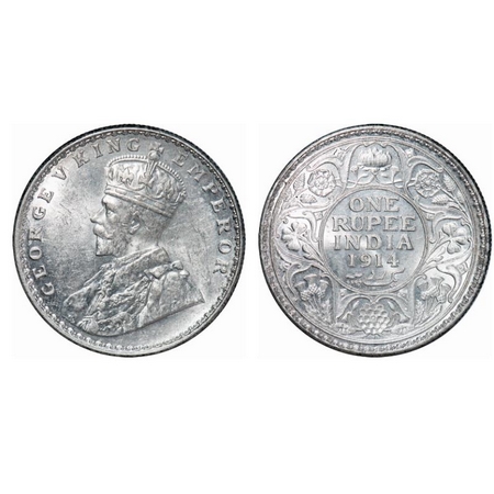 George V, Silver, Rupee, 1914, Bombay Mint, Dot. GK 1030. Brilliant Uncirculated. Very Sca