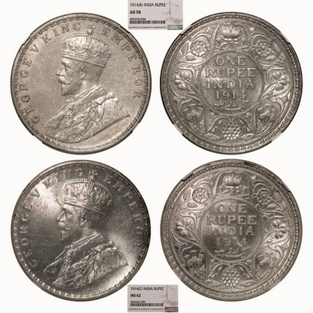 George V, Silver, Rupee, (2 Slabs), 1914, 1) Calcutta Mint, No dot, 2) Bombay Mint, Dot. G
