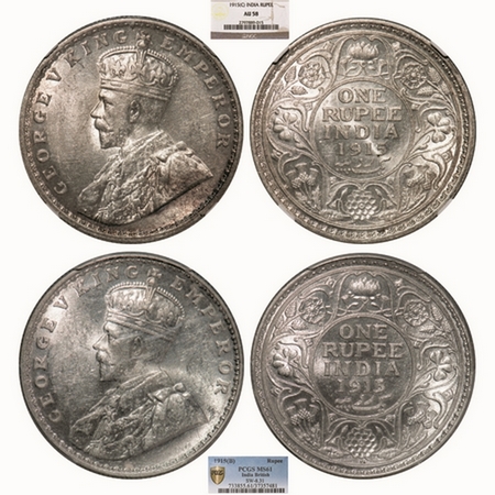 George V, Silver, Rupee, (2 Slabs), 1915, 1) Calcutta Mint, No dot, 2) Bombay Mint, Dot. G