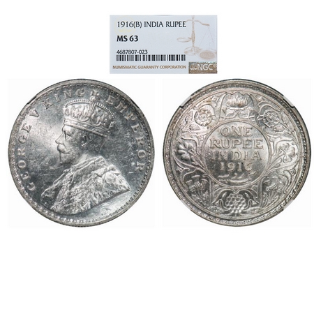 George V, Silver, Rupee, 1916, Bombay Mint, Dot. GK 1034. NGC Slabbed MS 63. Very Scarce.