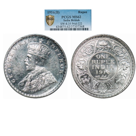 George V, Silver, Rupee, 1916, Bombay Mint, Dot. GK 1034. PCGS Slabbed MS 62. Very Scarce.