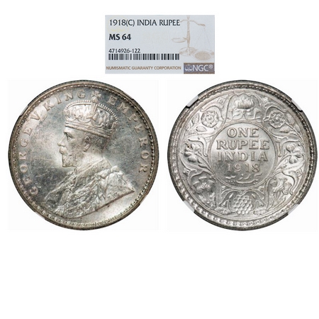 George V, Silver, Rupee, 1918, Calcutta Mint, No dot. GK 1037. NGC Slabbed MS 64. Rare. (T