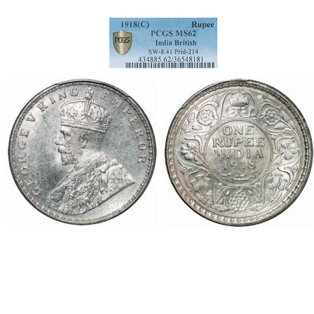 George V, Silver, Rupee, 1918, Calcutta Mint, No dot. GK 1037. PCGS Slabbed MS 62. Very Sc