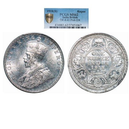 George V, Silver, Rupee, 1918, Bombay Mint, Dot. GK 1038. PCGS Slabbed MS 62. Very Scarce.