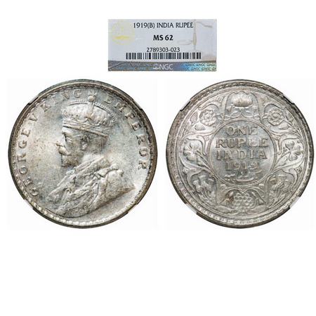 George V, Silver, Rupee, 1919, Bombay Mint, Dot. GK 1040. NGC Slabbed MS 62. Scarce.