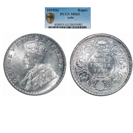 George V, Silver, Rupee, 1919, Bombay Mint, Dot. GK 1040. PCGS Slabbed MS 63. Very Scarce.