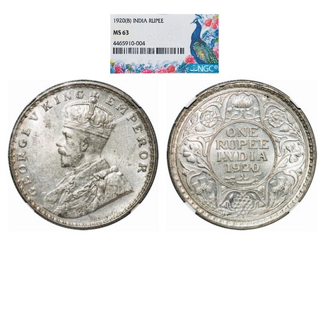 George V, Silver, Rupee, 1920, Bombay Mint, Dot. GK 1042. NGC Slabbed MS 63. Scarce.