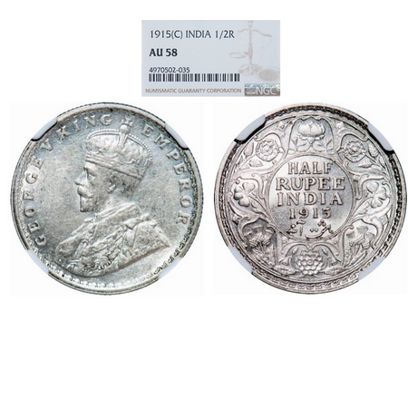 George V, Silver, Half Rupee, 1915, Calcutta Mint, No dot. GK 1052. NGC Slabbed AU 58. Rar