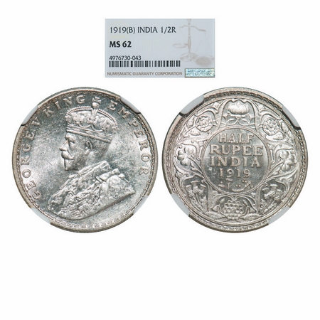 George V, Silver, Half Rupee, 1919, Bombay Mint, Dot. GK 1057. NGC Slabbed MS 62. Very Sca