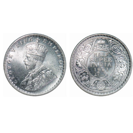George V, Silver, Half Rupee, 1921, Calcutta Mint, No dot. GK 1058. Brilliant Uncirculated