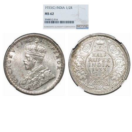 George V, Silver, Half Rupee, 1933, Calcutta Mint, No dot. GK 1073. NGC Slabbed MS 62. Rar