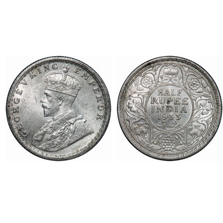 George V, Silver, Half Rupee, 1933, Calcutta Mint, No dot. GK 1073. Uncirculated. Scarce.
