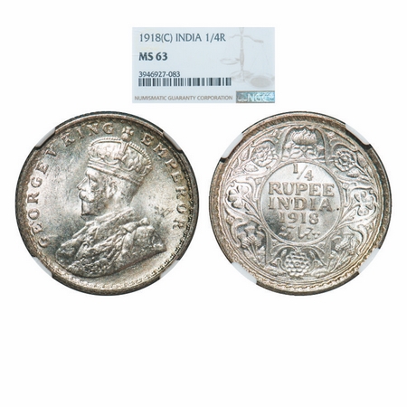 George V, Silver, ¼ Rupee, 1918, Calcutta Mint, No dot. GK 1091. NGC Slabbed MS 63. Rare.