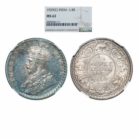 George V, Silver, ¼ Rupee, 1929, Calcutta Mint, No dot. GK 1096. NGC Slabbed MS 62 Toned. 