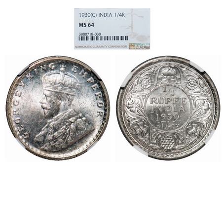 George V, Silver, ¼ Rupee, 1930, Calcutta Mint, No dot. GK 1097. NGC Slabbed MS 64. Rare. 