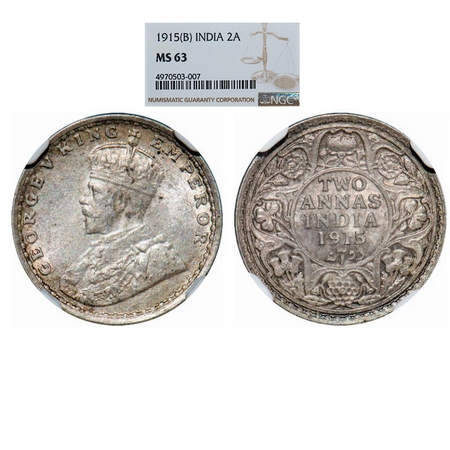 George V, Silver, 2 Annas, 1915, Bombay Mint, Dot. GK 1115. NGC Slabbed MS 63. Rare. (Tota