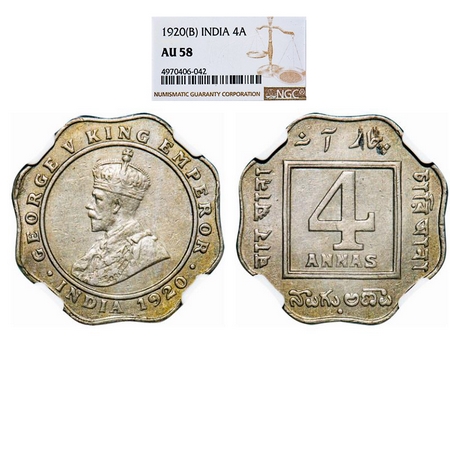 George V, Copper-Nickel, 4 Annas, 1920, Bombay Mint, Dot. GK 1104. NGC Slabbed AU 58. Very