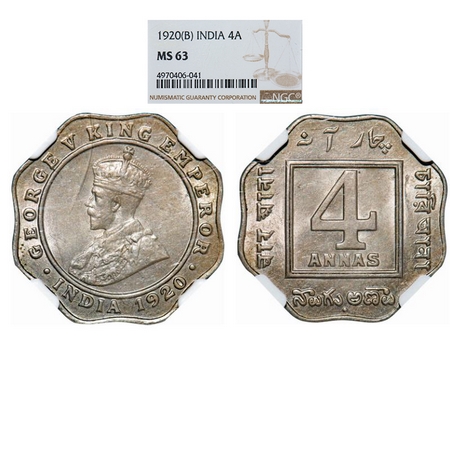 George V, Copper-Nickel, 4 Annas, 1920, Bombay Mint, Dot. GK 1104. NGC Slabbed MS 63. Extr