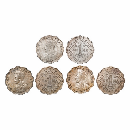 George V, Copper-Nickel, 1 Anna, (3 Coins), 1913, 1914, 1918, Bombay Mint, No dot. GK 1143