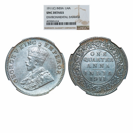 George V, Bronze, Quarter Anna, 1911, Calcutta Mint, No dot, Pig-Type. GK 1171. NGC Slabbe