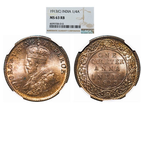 George V, Bronze, Quarter Anna, 1913, Calcutta Mint, No dot. GK 1173. NGC Slabbed MS 63 RB