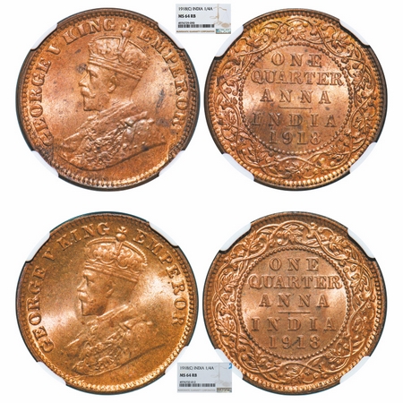 George V, Bronze, Quarter Anna, (2 Slabs), 1918, Calcutta Mint, No dot, 1) Error, Thick le