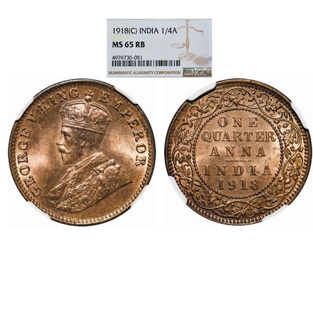 George V, Bronze, Quarter Anna, 1918, Calcutta mint, No dot. GK 1177. NGC Slabbed MS 65 RB
