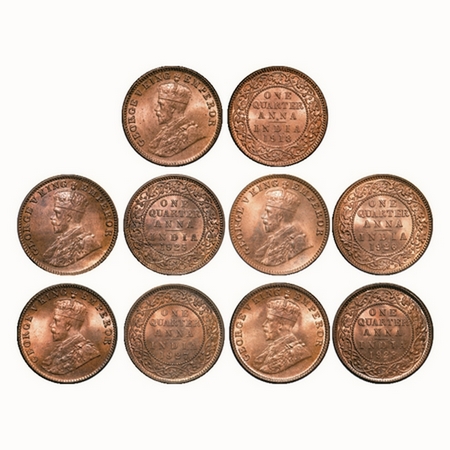 George V, Bronze, Quarter Anna, (Lot of 5 coins), 1) 1918, Calcutta Mint, No dot, 2) 1925,