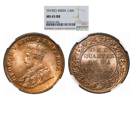 George V, Bronze, Quarter Anna, 1919, Calcutta Mint, No dot. GK 1178. NGC Slabbed MS 65 RB