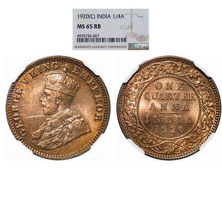 George V, Bronze, Quarter Anna, 1920, Calcutta Mint, No dot. GK 1179. NGC Slabbed MS 65 RB