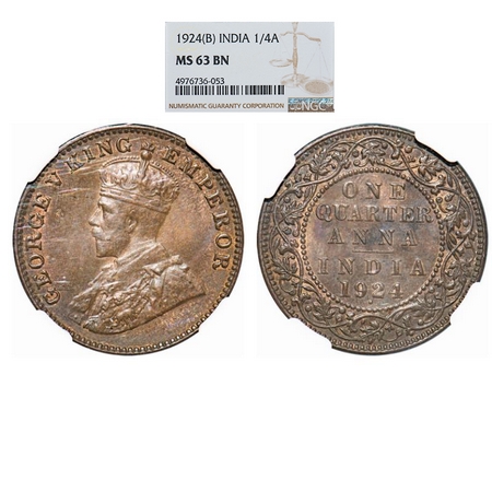 George V, Bronze, Quarter Anna, 1924, Bombay Mint, Dot. GK 1180. NGC Slabbed MS 63 BN. Rar