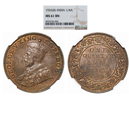 George V, Bronze, Quarter Anna, 1926, Bombay Mint, Dot. GK 1183. NGC Slabbed MS 61 BN. Ver
