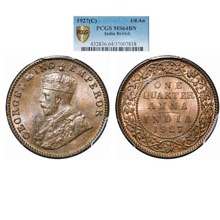 George V, Bronze, Quarter Anna, 1927, Calcutta Mint, No dot. GK 1186. PCGS Slabbed MS 64 B