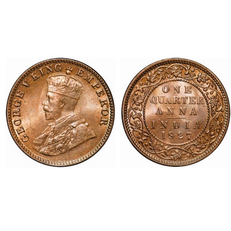 George V, Bronze, Quarter Anna, 1927, Calcutta Mint, No dot. GK 1186. Brilliant Uncirculat