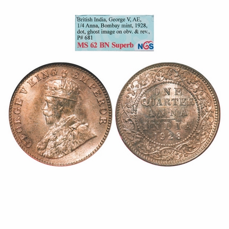 George V, Bronze, Quarter Anna, 1928, Bombay Mint, Dot, Ghost on both sides indicated on t